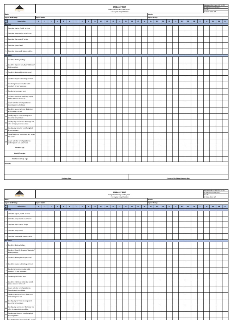 OCP24 F03 Fire Engine Daily Check List | PDF | Pump | Engines