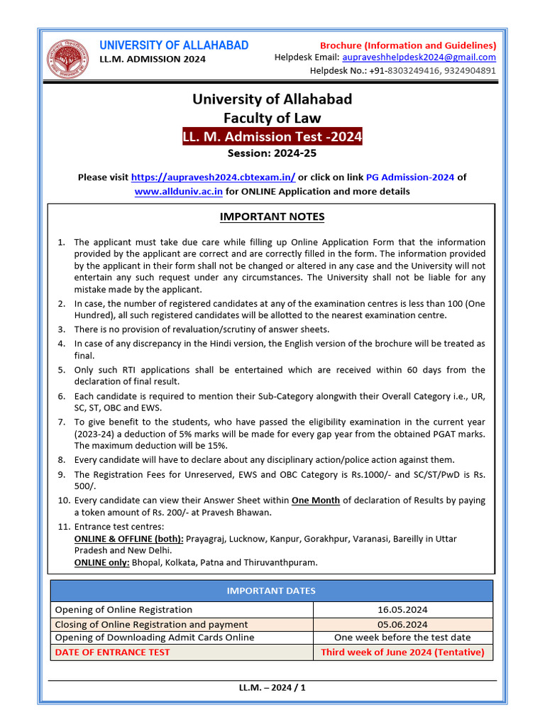 University of Allahabad LL.M. Admission 2024 | PDF | University And ...
