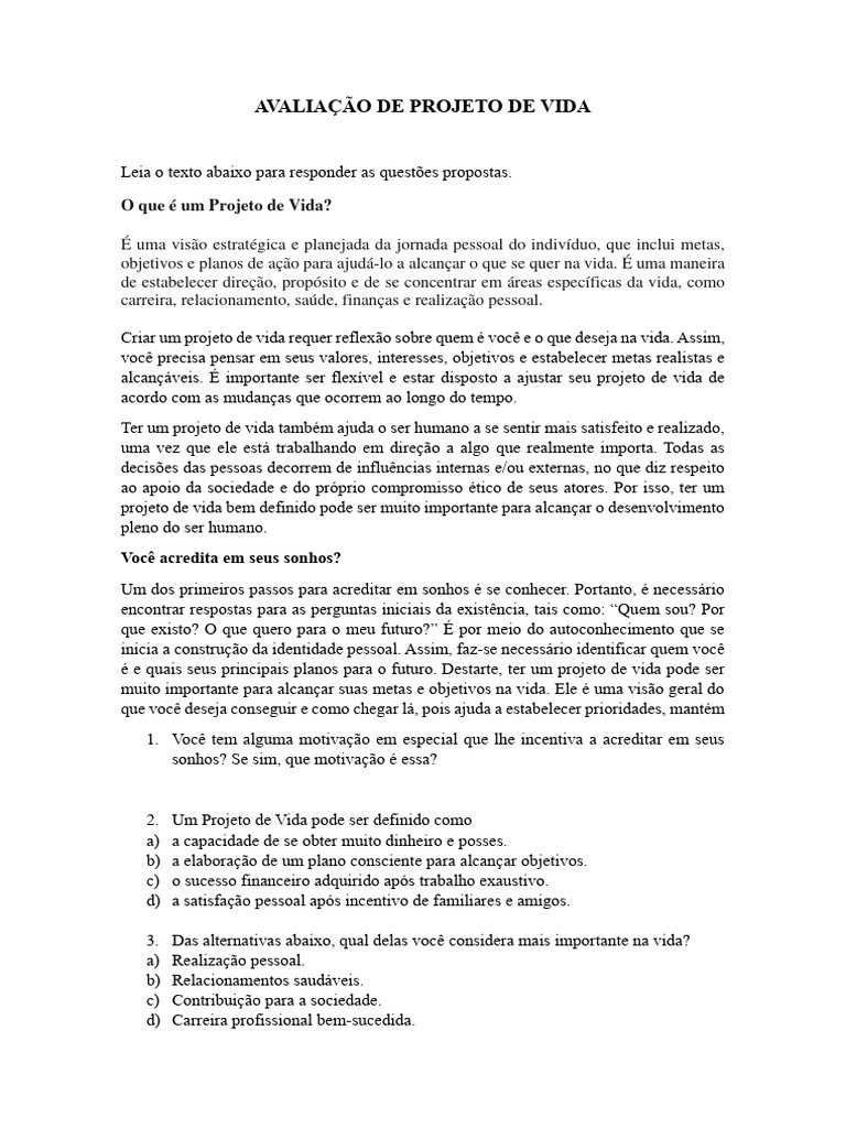 Avaliação de Projeto de Vida e Autoconhecimento | PDF | Motivação ...