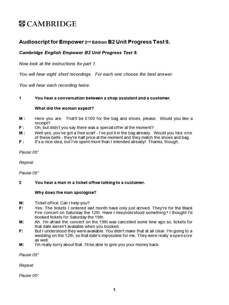 Empower Second Edition B2 Unit Progress Test 9 Audioscript - Version A ...