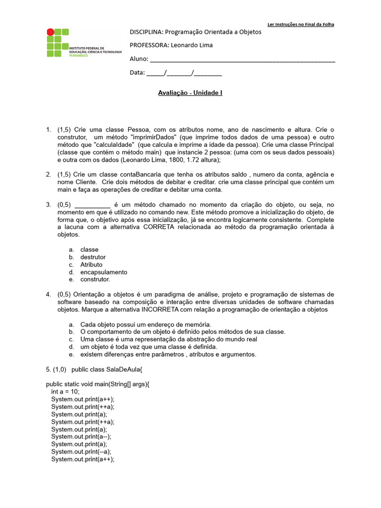 Atividades de Programação Orientada a Objetos | PDF | Classe ...