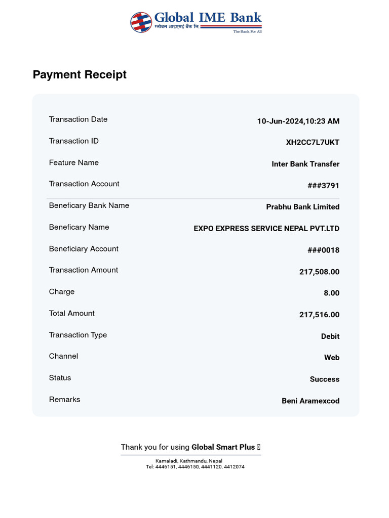 Payment Receipt for Inter Bank Transfer | PDF