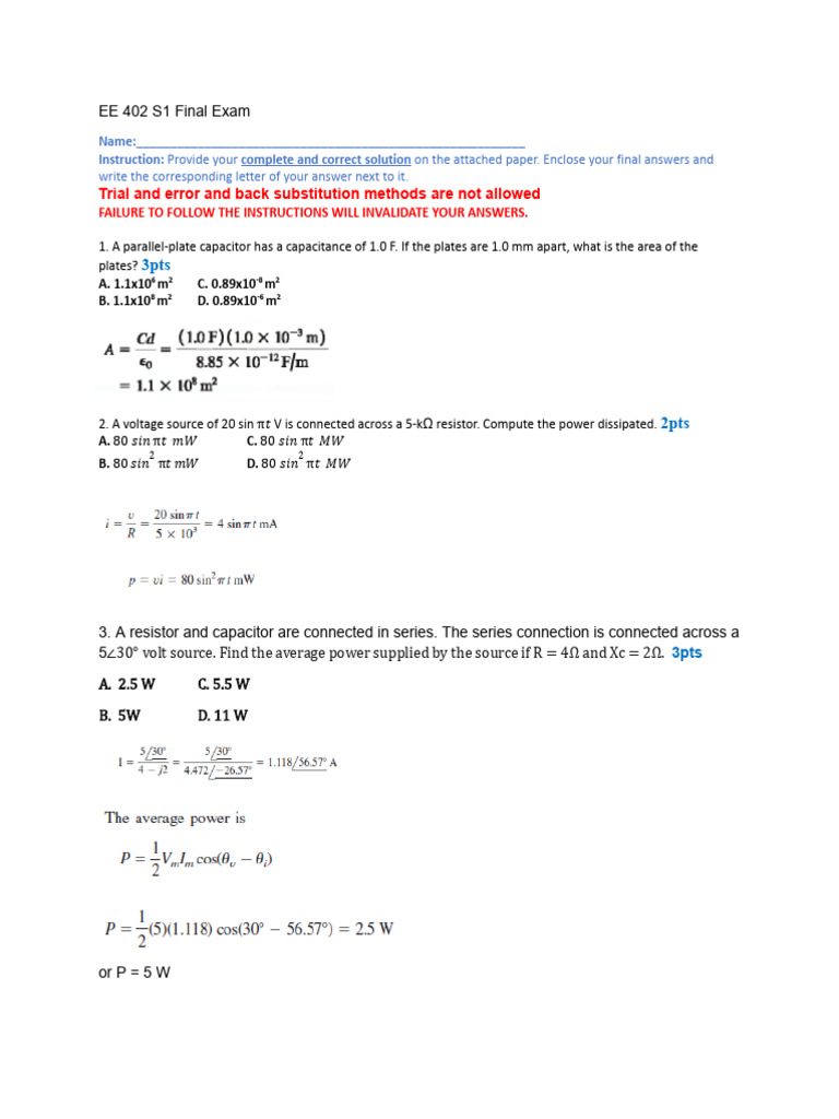 EE 402 S1 Final Exam Questions | PDF | Capacitor | Electric Generator