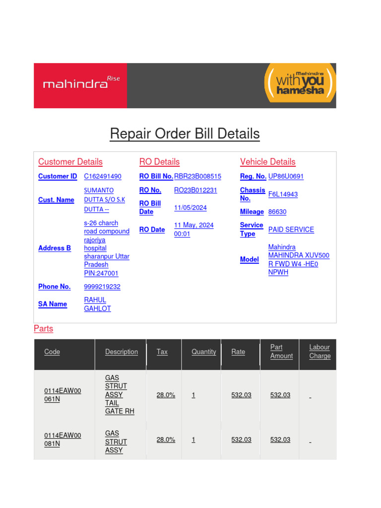 Xuv500Repair Order Bill DetailsMay 2024 Download Free PDF