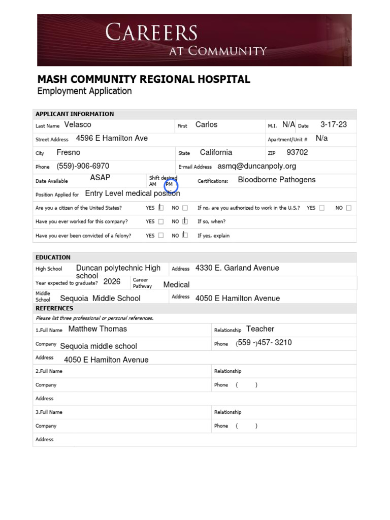 MASH Hospital Employment Application Form | PDF