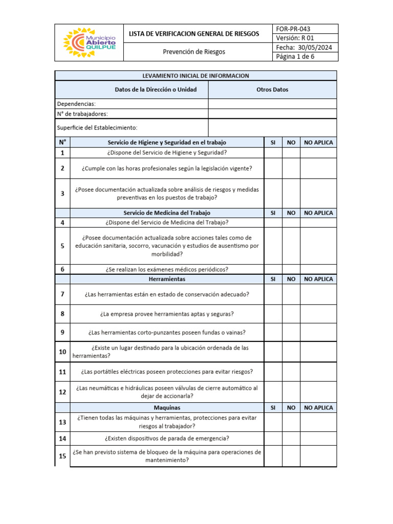 Check List Levamiento Inicial de Informacion | PDF | Agua | Radiación