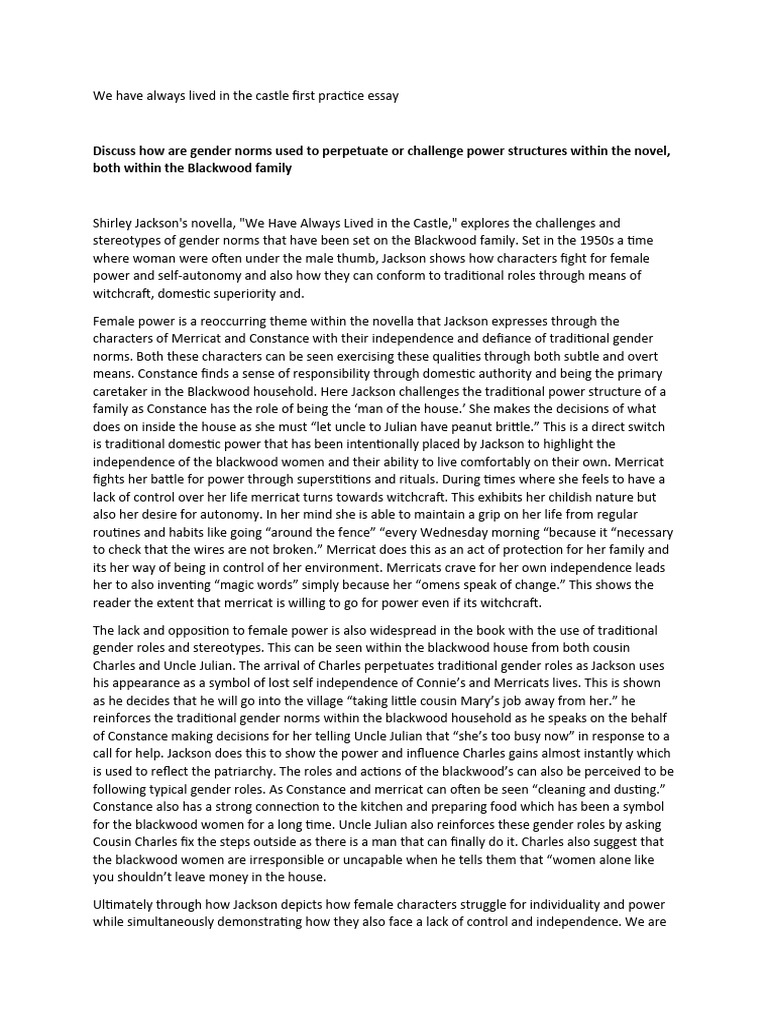 We Have Always Lived in The Castle First Practice Essay PDF Gender Role Gender