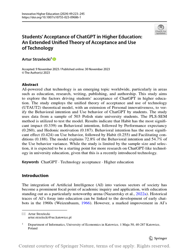 Student Acceptance of ChatGPT in Education | PDF | Sample Size ...