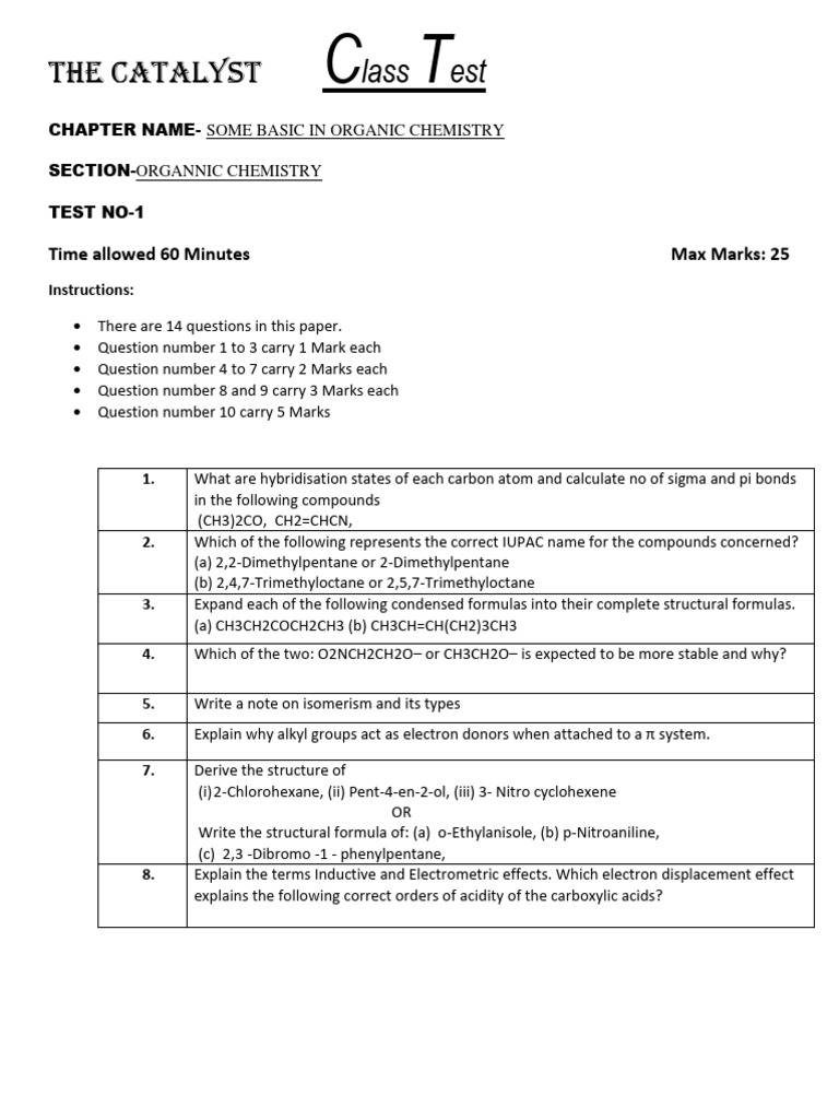 Organic Chemistry Class Test Questions | PDF