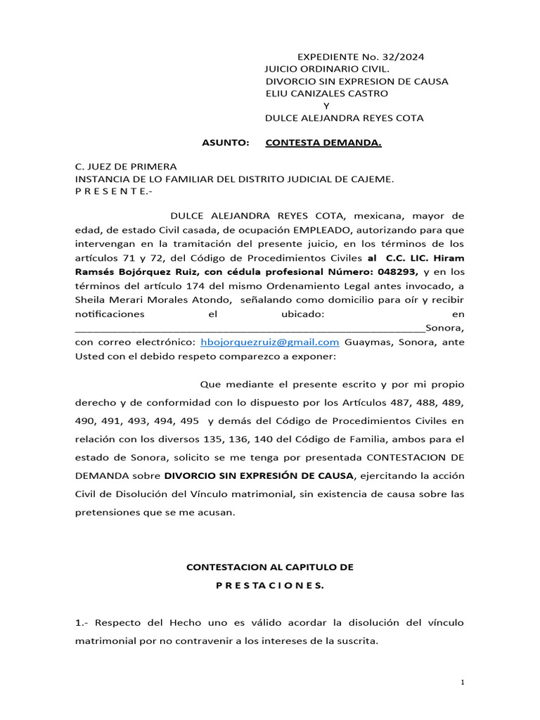 Formato de Contestacion de Demanda Incausado | PDF | Matrimonio | Violencia