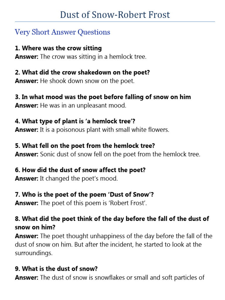 Summary Of Dust Of Snow Class 10