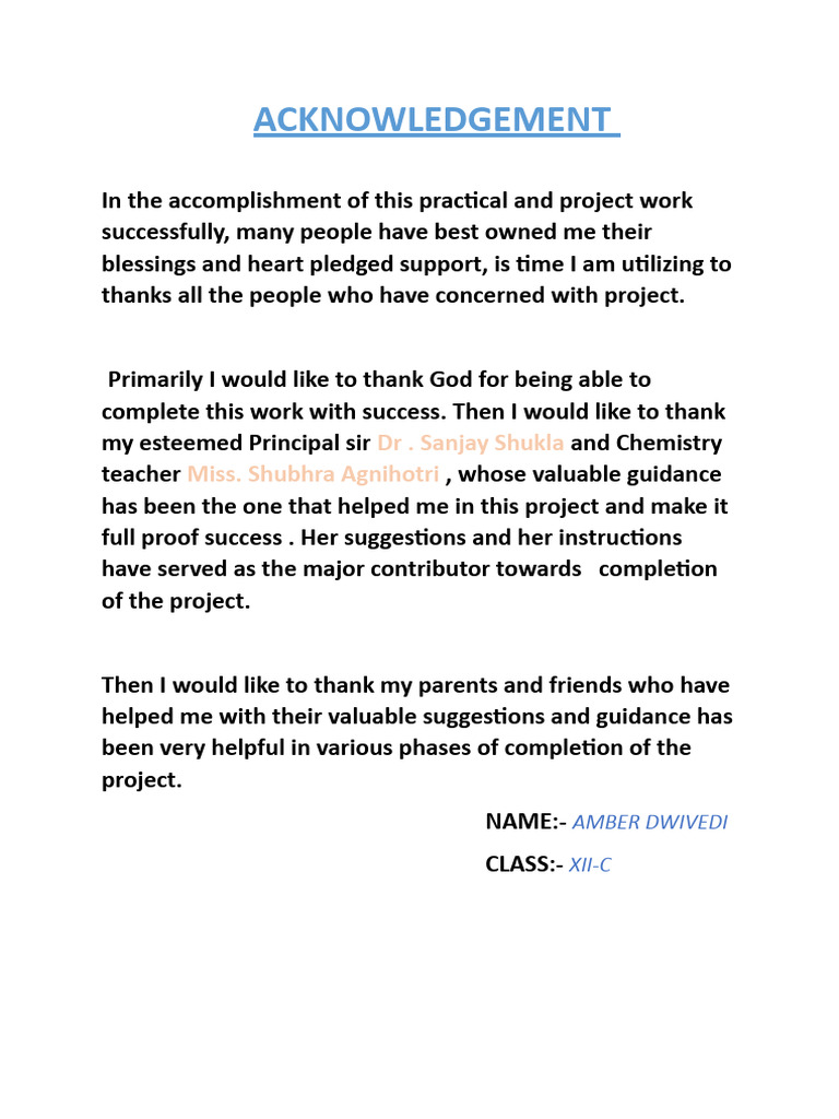 Acknowledgement in Chemistry Project | PDF | Self-Improvement