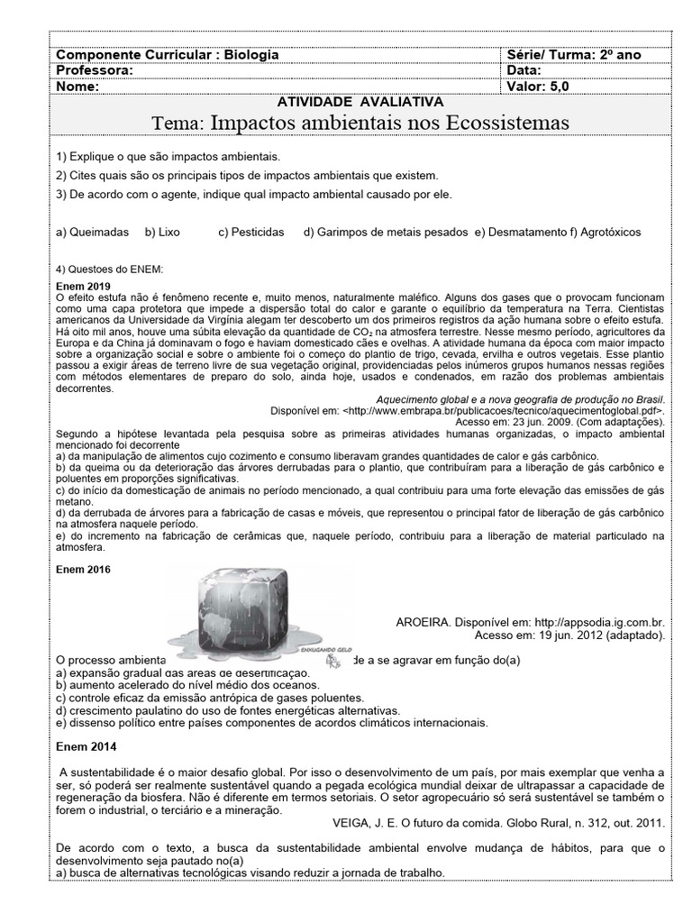 ATIVIDADE IMPACTOS AMBIENTAIS 2 Ano EM | PDF | Ambiente natural ...