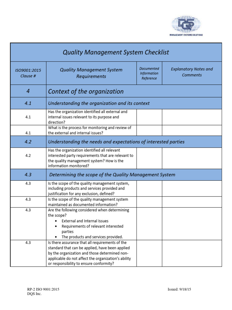 ISO 9001:2015 Quality Management Checklist | PDF | Iso 9000 | Quality ...