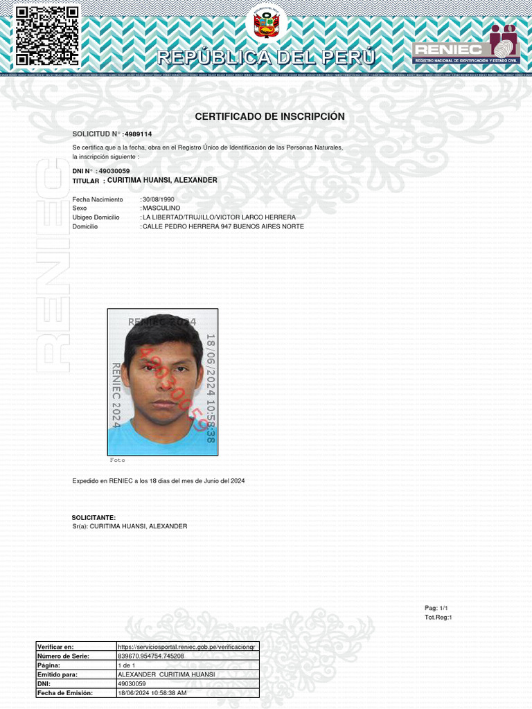 Certificado de Inscripción RENIEC | PDF | Perú | Comunidad andina