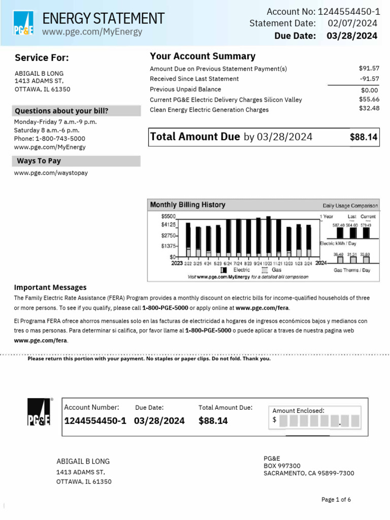 PG&E Bill Summary and Payment Info | PDF
