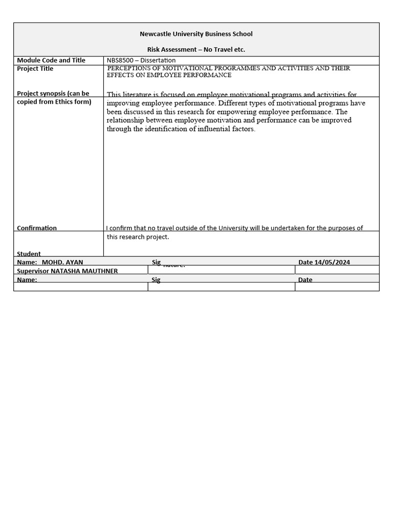 NUBS Risk Assessment Form For Dissertations NO TRAVEL (1) (2) 2 | PDF