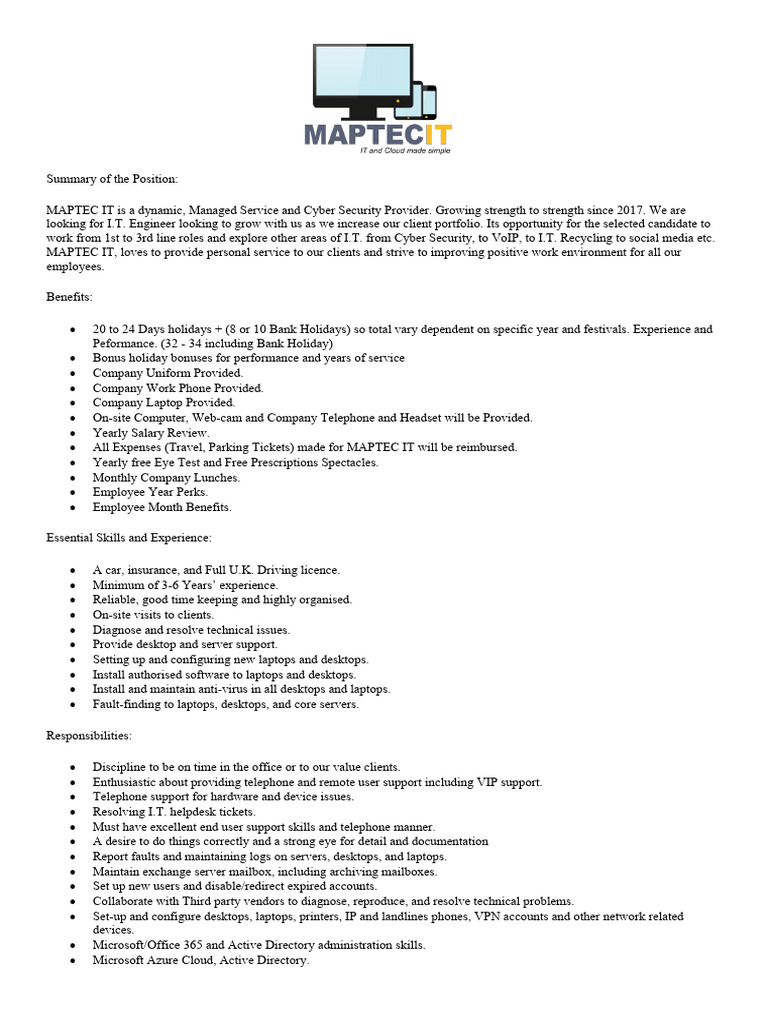 IT Engineer Position at MAPTEC IT | PDF | Desktop Computer | Laptop