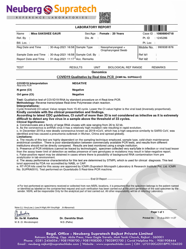 COVID-19 PCR Test Interpretation Report | PDF | Real Time Polymerase ...