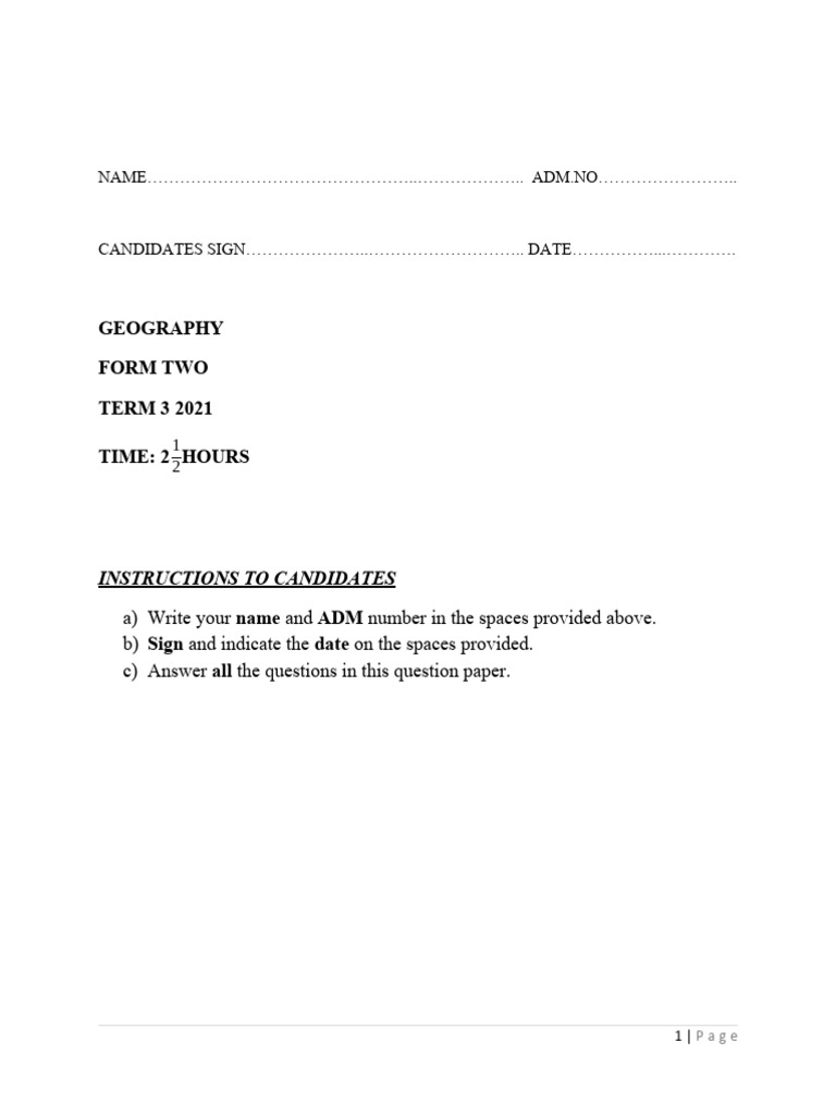 Form 2 Geography Term 3 Exam 2021 | PDF | Earth Sciences | Physical ...