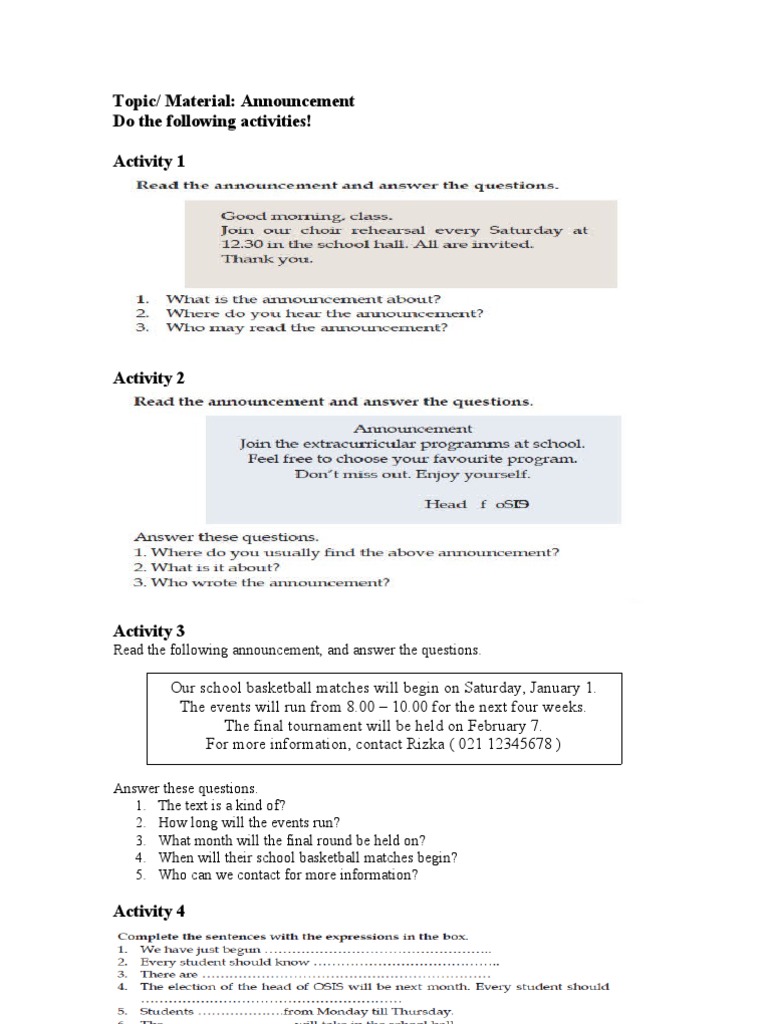 Announcement Worksheet PDF