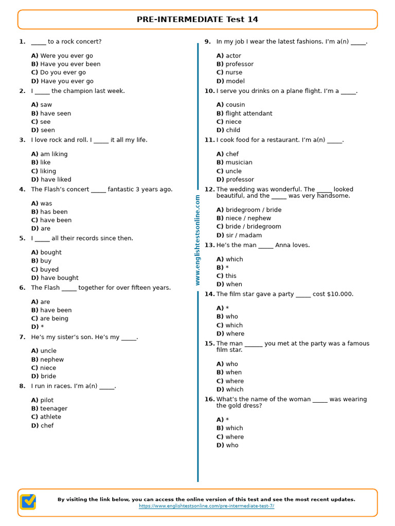1197 Pre Intermediate Test 14 | PDF