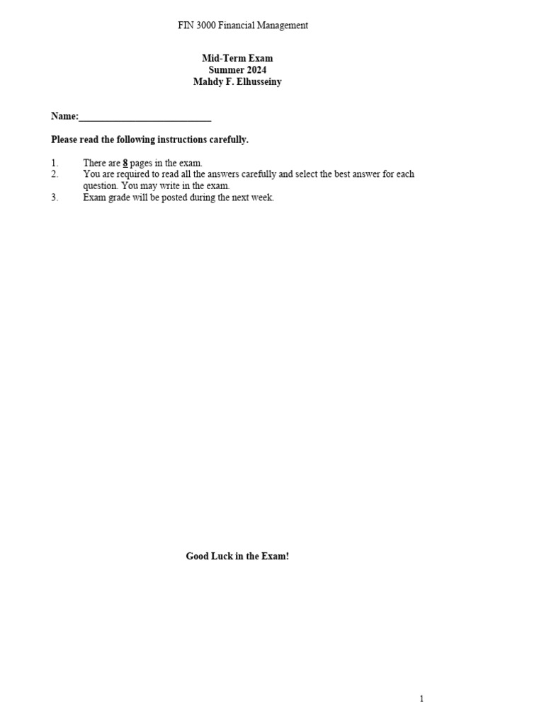 Fin 3000-Exam 1 | PDF | Bonds (Finance) | Dividend
