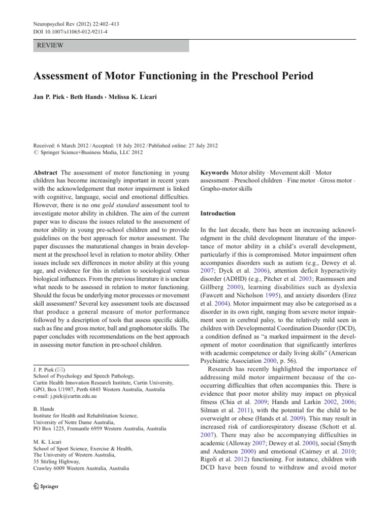 Motor Function Assessment in Preschoolers | PDF | Attention Deficit ...