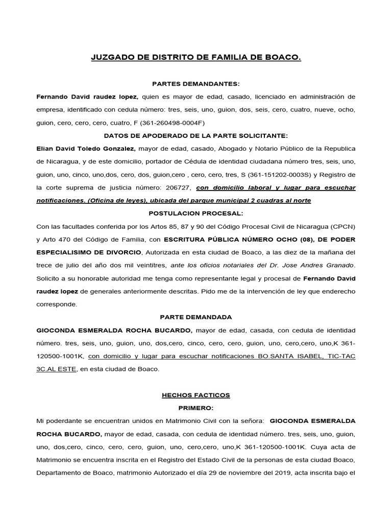 Solicitud De Divorcio Y Custodia En Boaco Pdf Matrimonio