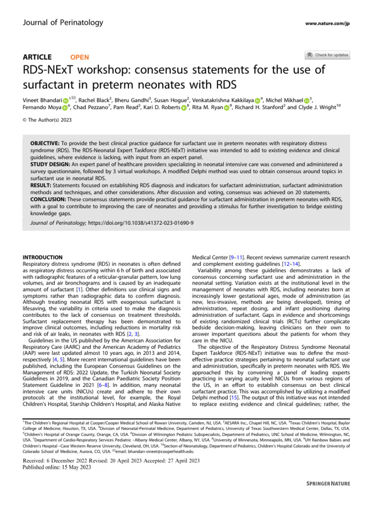 Consensus Statement For The Use of Surfactant in Preterm Neonates With ...