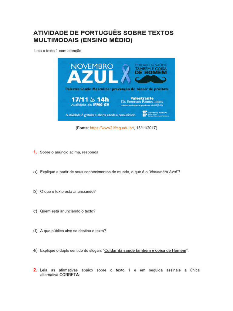 Atividade de Português: Textos Multimodais | PDF | Carreira e ...
