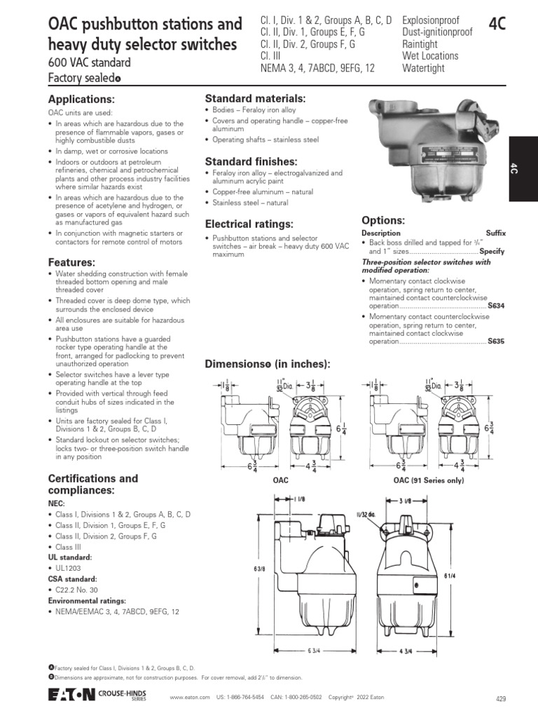 Crouse Hinds Oac Pushbutton Selector Switch Control Station Catalog ...