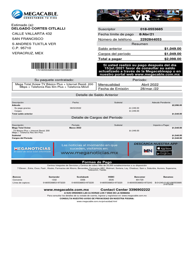 Recibo Megacable | PDF | Venta al por menor | Empresas minoristas