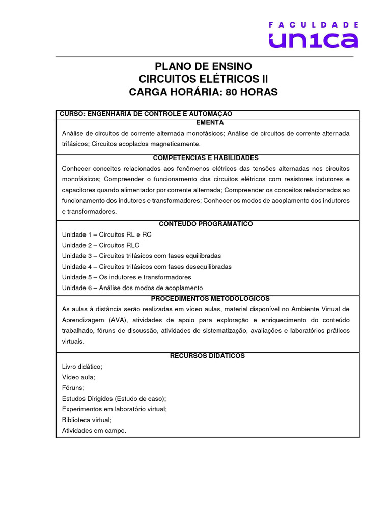 Plano de Ensino: Circuitos Elétricos II | PDF | Eletricidade | Rede ...