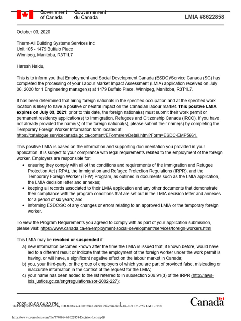 LMIA Decision Letter for Engineering Manager | PDF | Employment ...