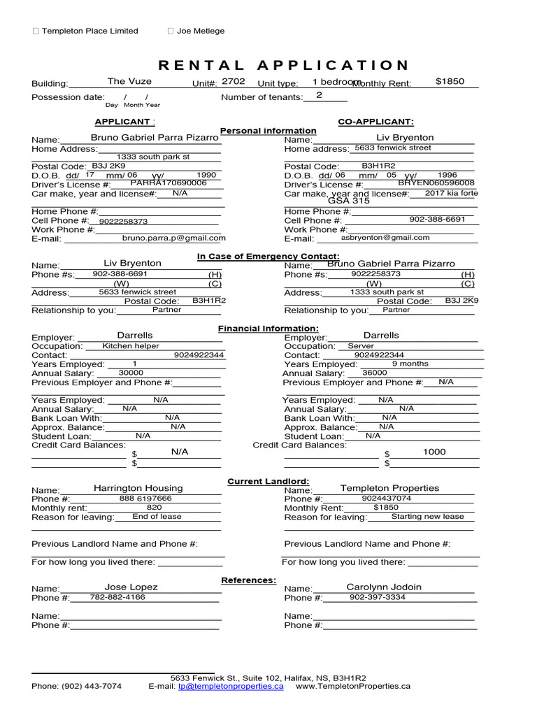 Templeton Rental Application Form | PDF | Lease | Leasehold Estate
