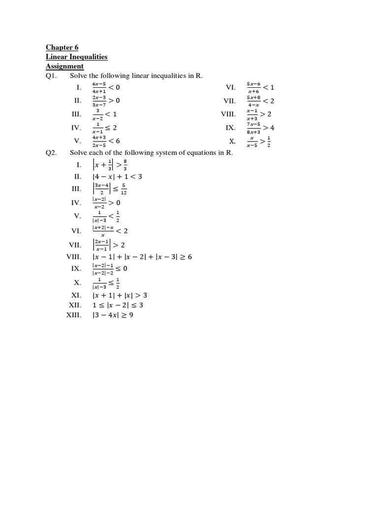 Assignment Chapter 6 Linear Inequalities Pdf