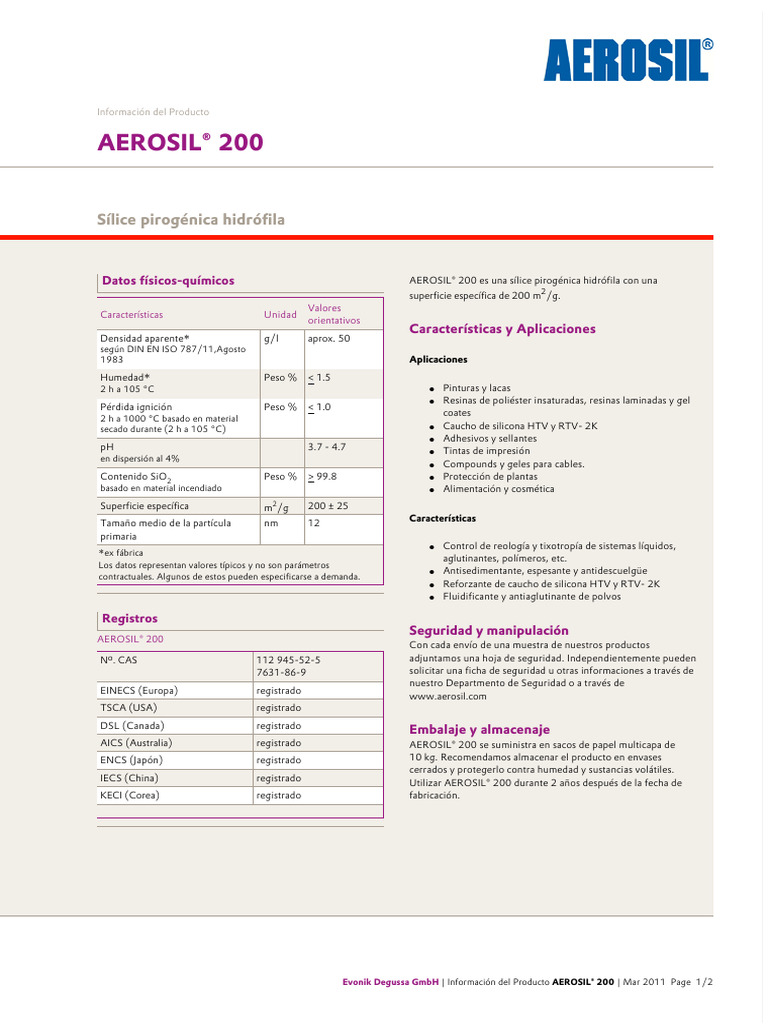 AEROSIL® 200: Sílice Pirogénica | PDF | Materiales