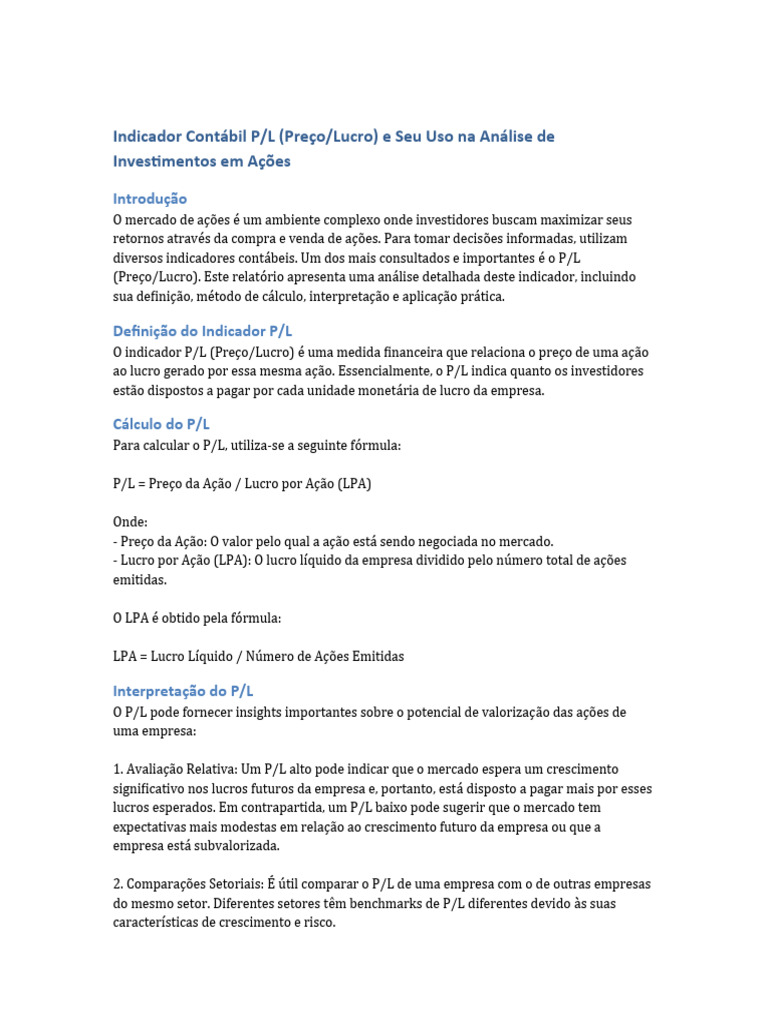 Entenda o Indicador P/L na Análise de Ações | PDF | Relação preço-lucro ...