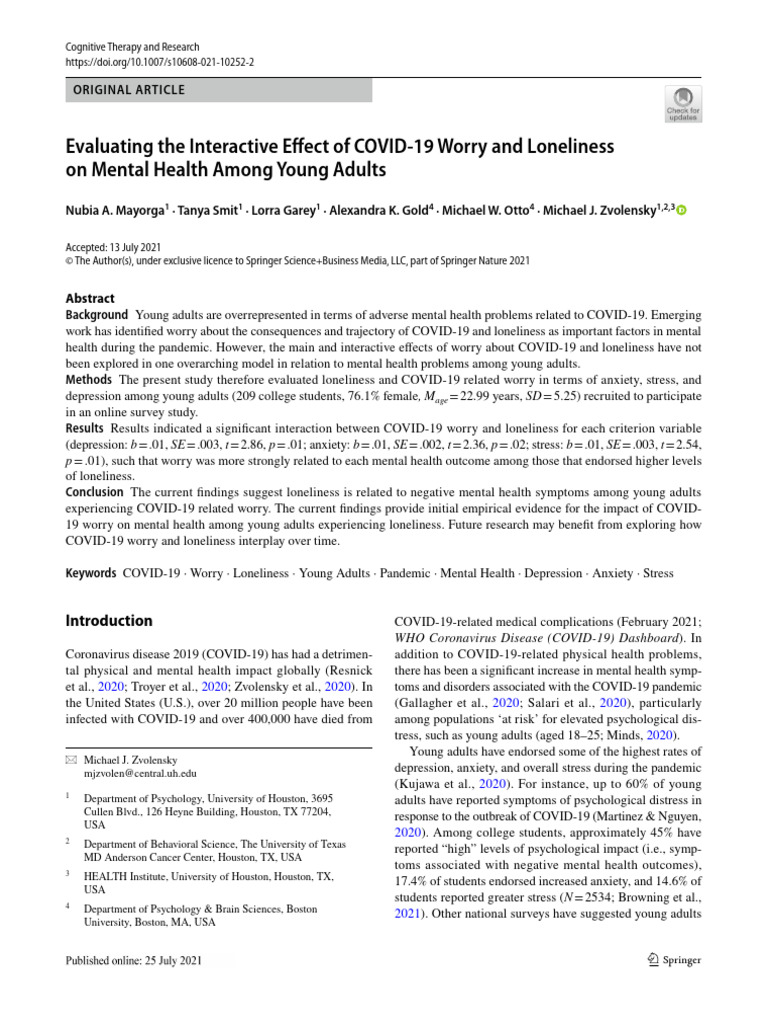 COVID-19 Worry, Loneliness, and Mental Health | PDF | Anxiety | Loneliness