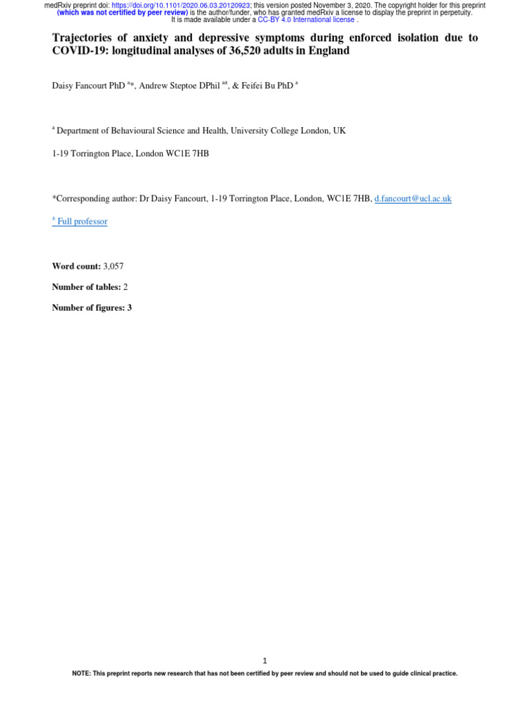 Trajectories of Anxiety and Depressive Symptoms During Enforced ...
