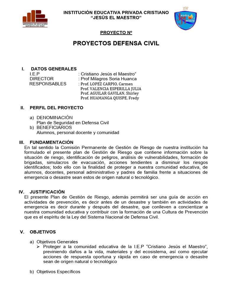 Plan de Seguridad en Defensa Civil Escolar | PDF | Defensa Civil ...