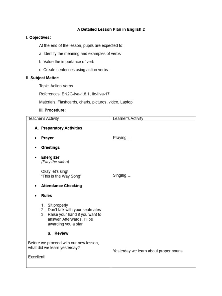 Detailed Lesson Plan: Action Verbs in English 2 | PDF | Lesson Plan ...