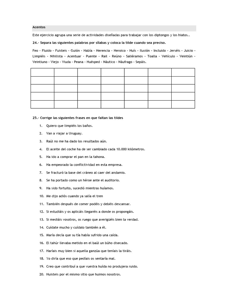 Ejercicios de Acentuación y Diptongos | PDF | Fonética | Voz humana