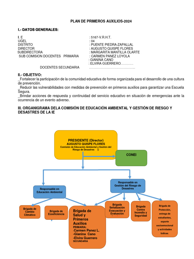 Plan de Primeros Auxilios Escolar 2024 | PDF | Primeros auxilios ...