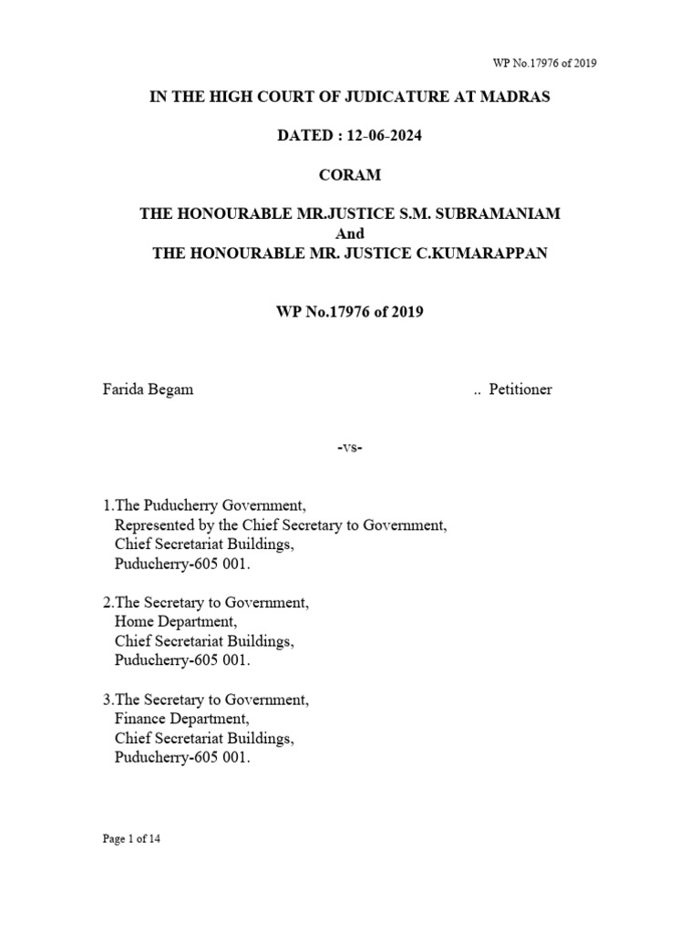 Farida Begam Vs The Puducherry Government | PDF | Cost Of Living | Advocate