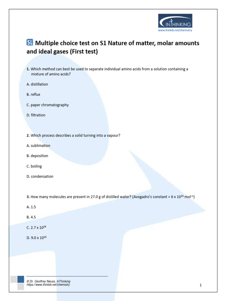 SL MC Test s1 - First Test - 2 | PDF | Gases | Sodium Hydroxide