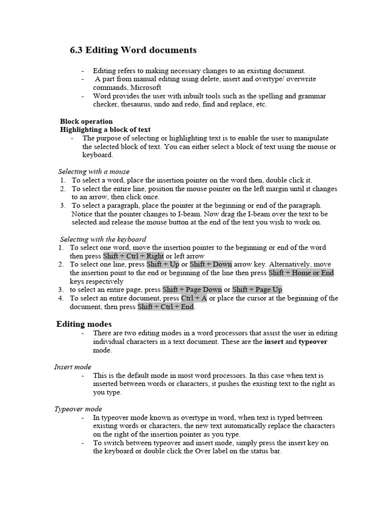 6.3 Editing A Word Document | PDF | Cursor (User Interface) | Computer ...
