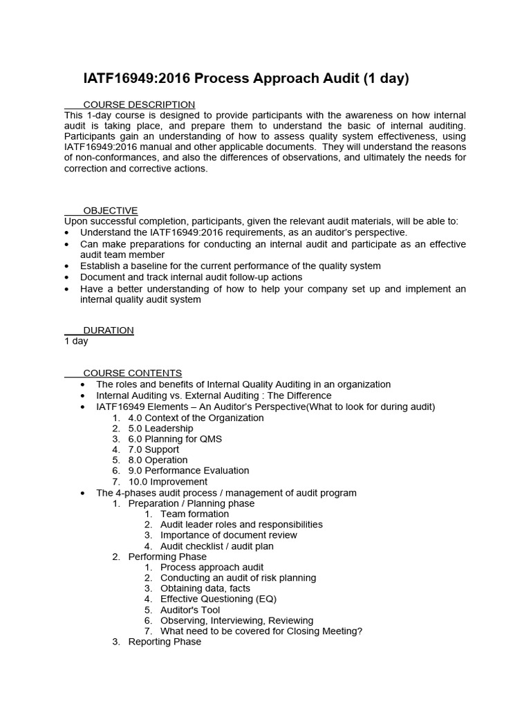 IATF16949-2016 Process Approach Audit (1 Day) | Download Free PDF ...