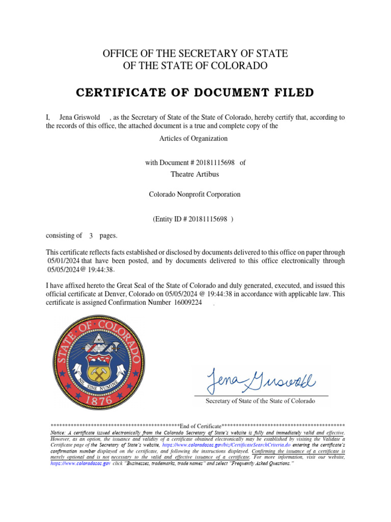 Certificate of document filed office of the secretary of state of the